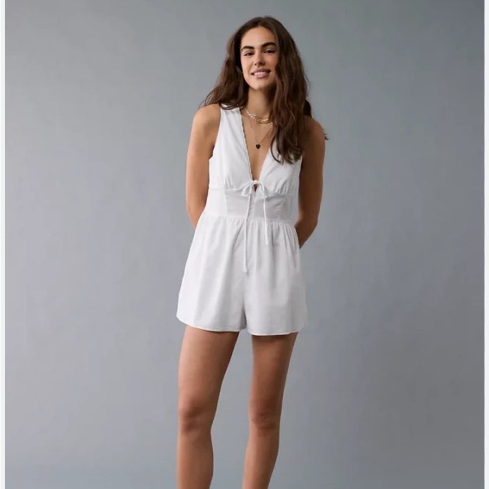 American Eagle Outfitters V-Neck Tie-Front White Romper